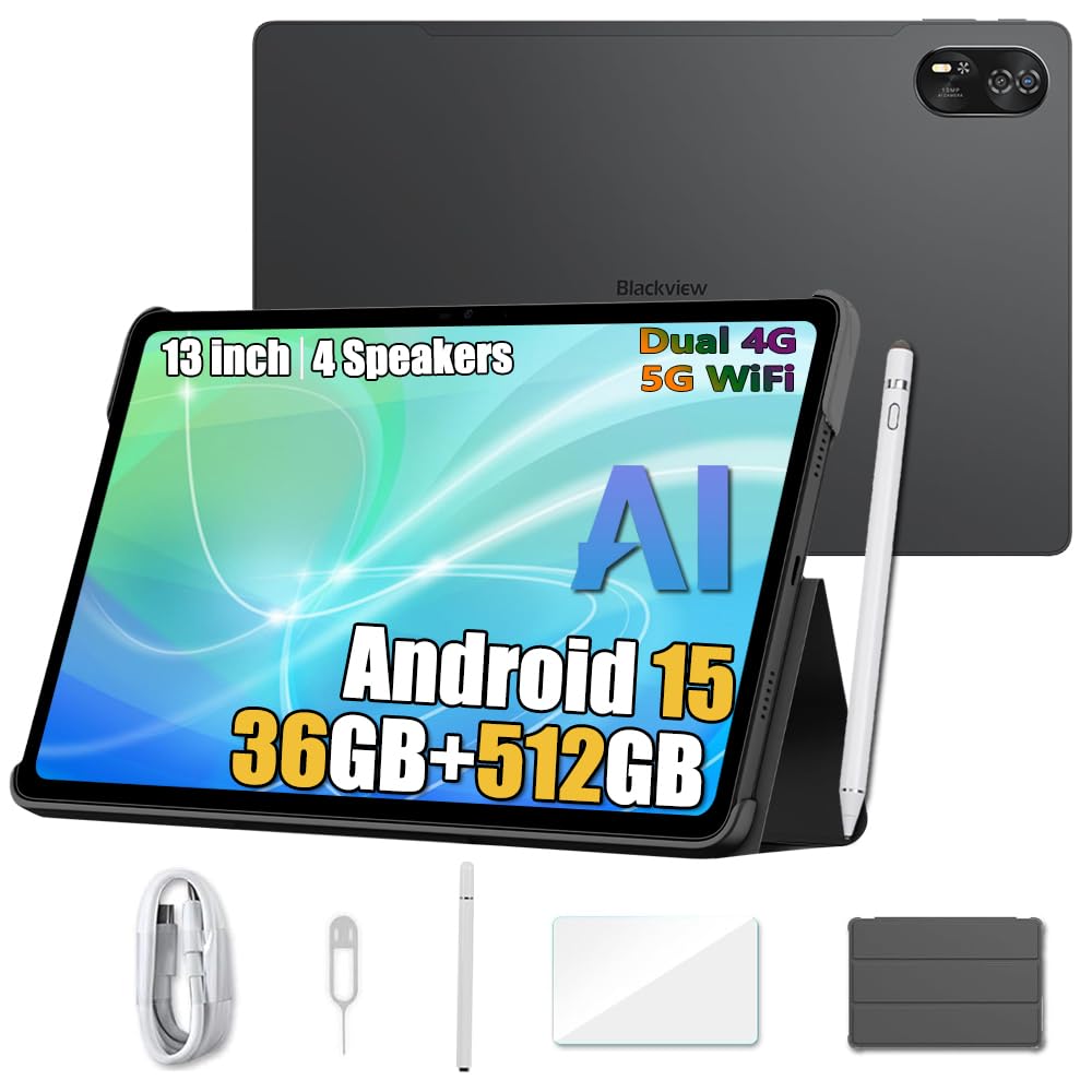 Blackview Mega 8 Tableta 13 Pulgadas Android 15, 36GB+512GB/TF 2TB Tableta Táctil, Altavoces Quad-Box, 2K FHD+, 4G LTE WiFi 5G, 50MP+13MP, 11000mAh, Modo PC, OTG, Funda + Lápiz Inteligente, Negro