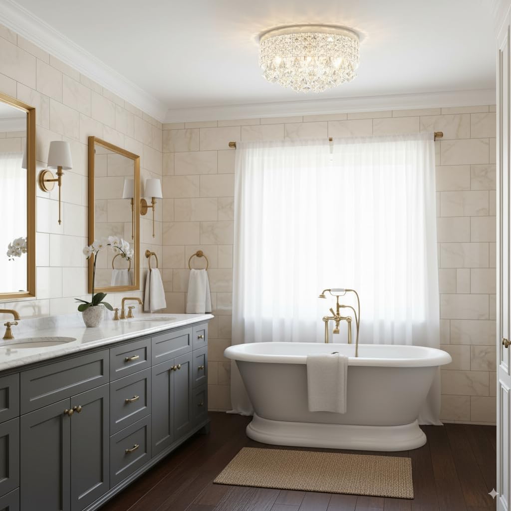 Maxax 4 Lights Crystal Chandelier, Modern Drum Ceiling Light Fixture Lamp, Raindrop Flush Mount Round Metal Shade, for Dining Room, Living Room, Bathroom, Bedroom, Chrome