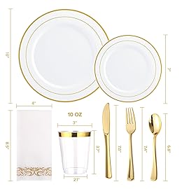 FOCUSLINE 350 Ct Disposable Dinnerware Set for 50 Guests -Heavy Duty Plastic Plates with Gold Rim, Includes 50 Dinner & Salad Plates, Cups, Napkins, Cutlery Set