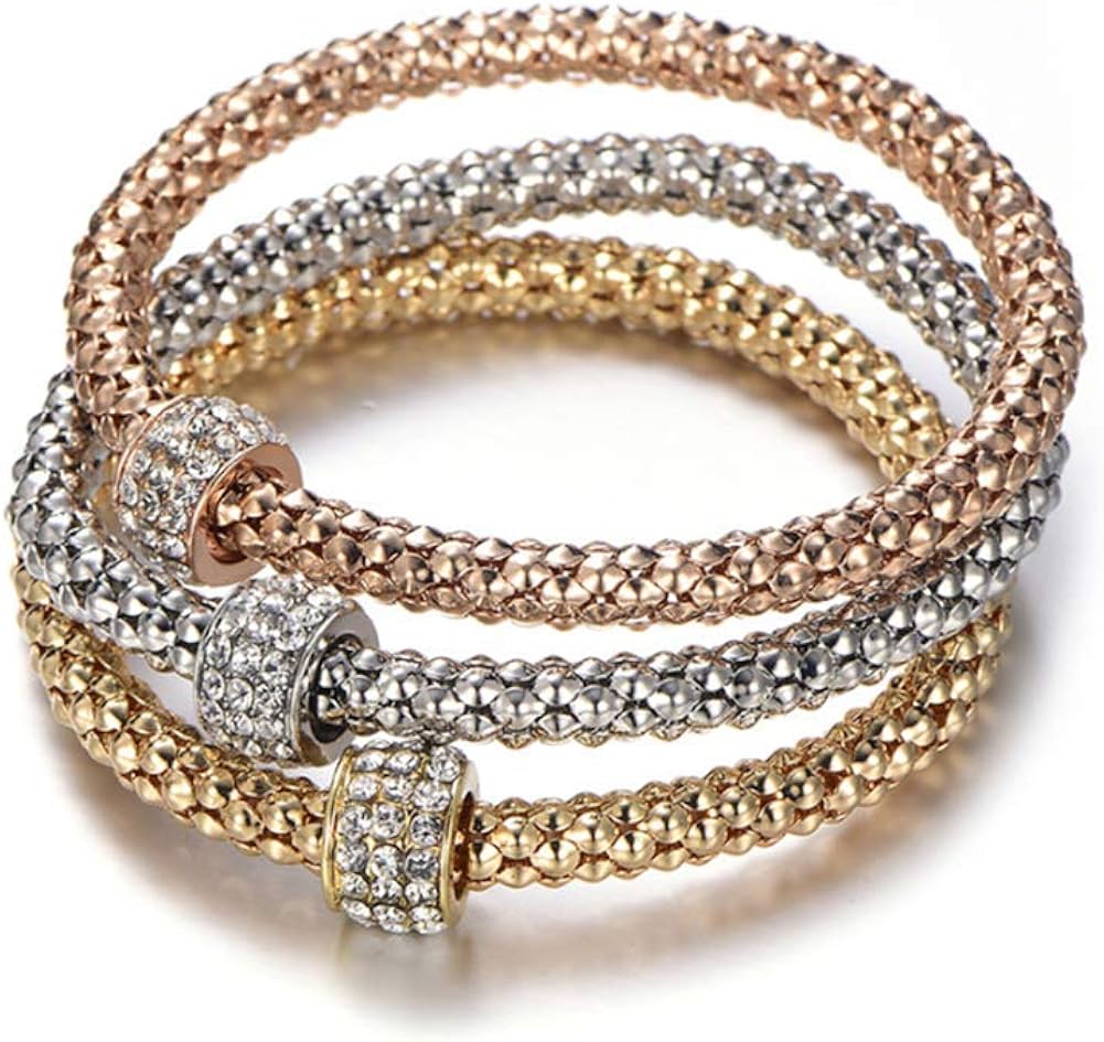 Miniatura 2 de PORPI-JOJO 3 pulseras elásticas de cadena de maíz en tono dorado y plateado, con abalorios, pulsera multicapa para mujeres y niñas