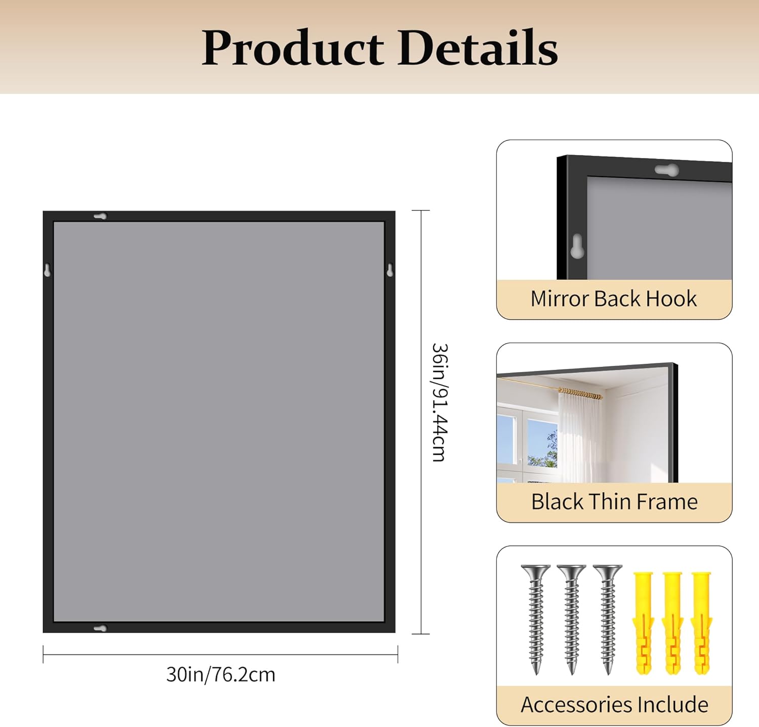 Black Bathroom Mirror for Wall, 30x36 Inch Rectangle With Metal Frame, Modern Vanity for Bathroom Living Room, Entryway Hangs Horizontal or Vertical