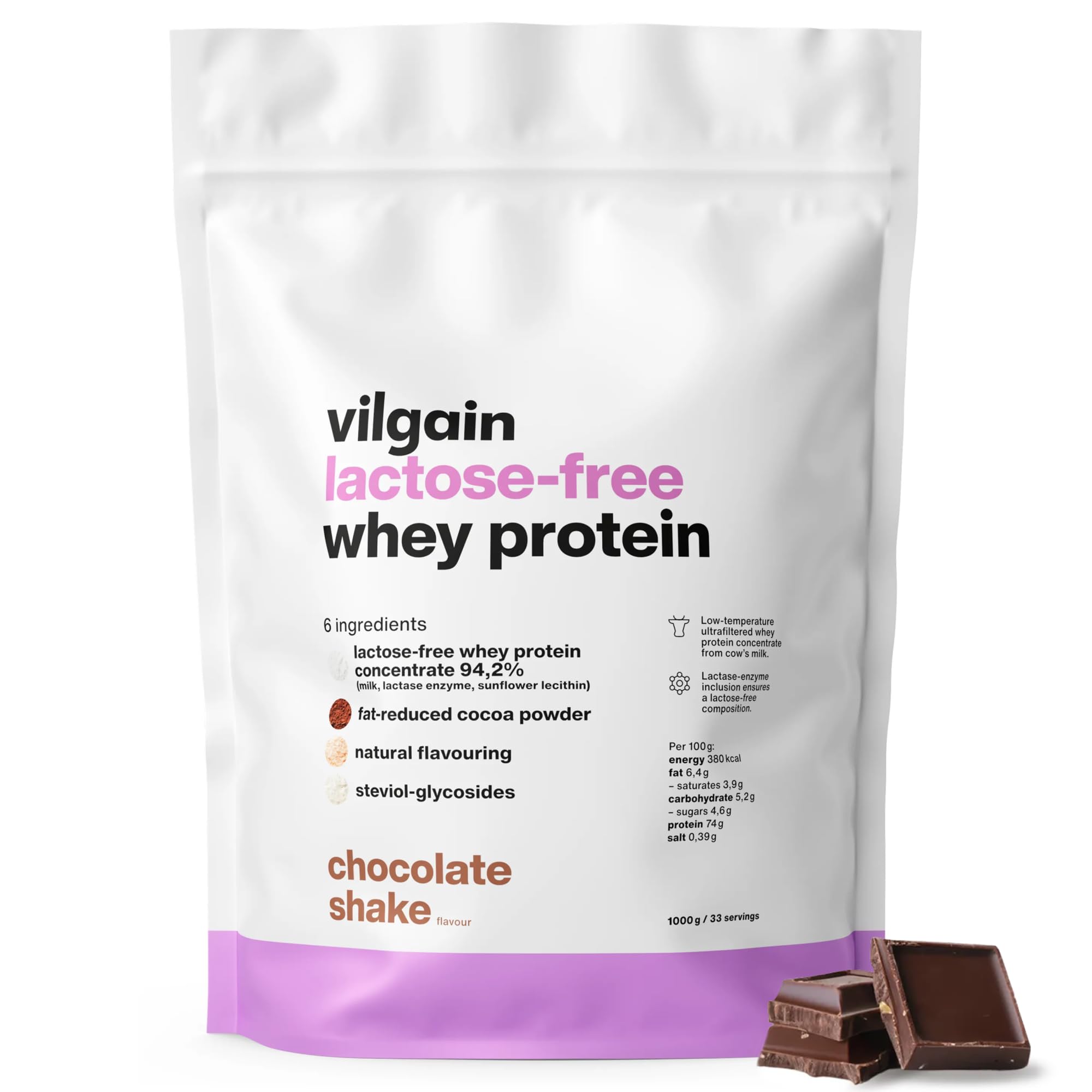 Vilgain Laktosefreies Whey Proteinpulver 1kg - Eiweißpulver Schoko-Shake