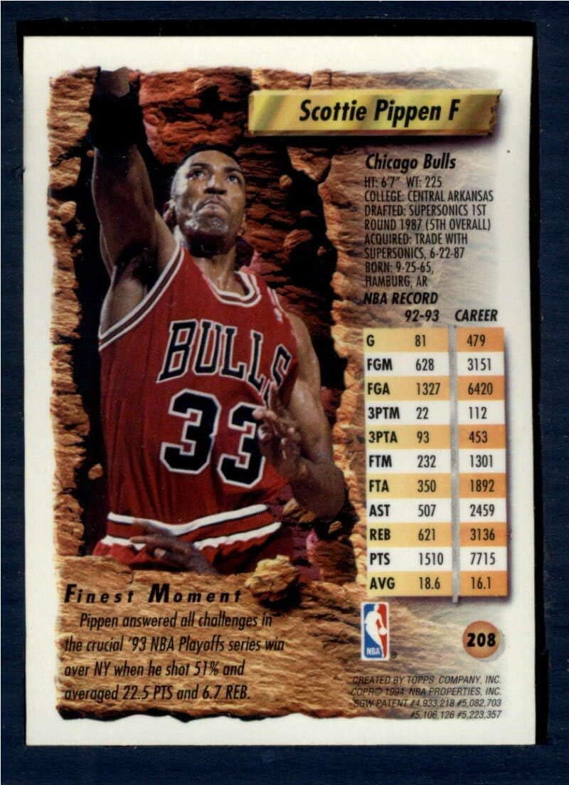 1993-94 Topps Finest #208 Scottie Pippen NM-MT Bulls