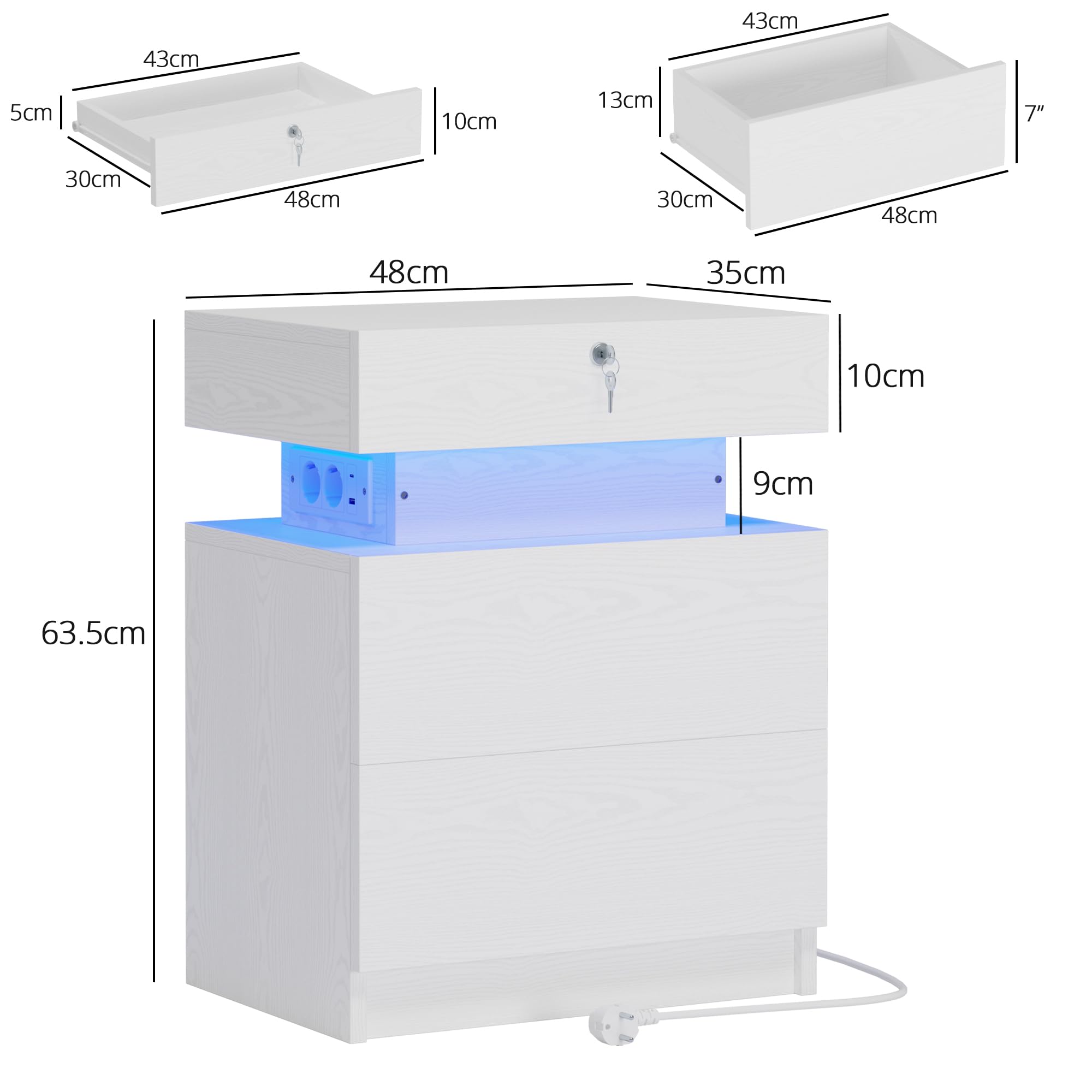 IRONCK Nachttisch, Nachtschrank mit LED-Beleuchtung, Beistelltisch mit 3 Schubladen, 1 USB- & 1 Typ-C-Anschluss und Schloss, Sofatisch für Wohnzimmer, Schlafzimmer, Weiß