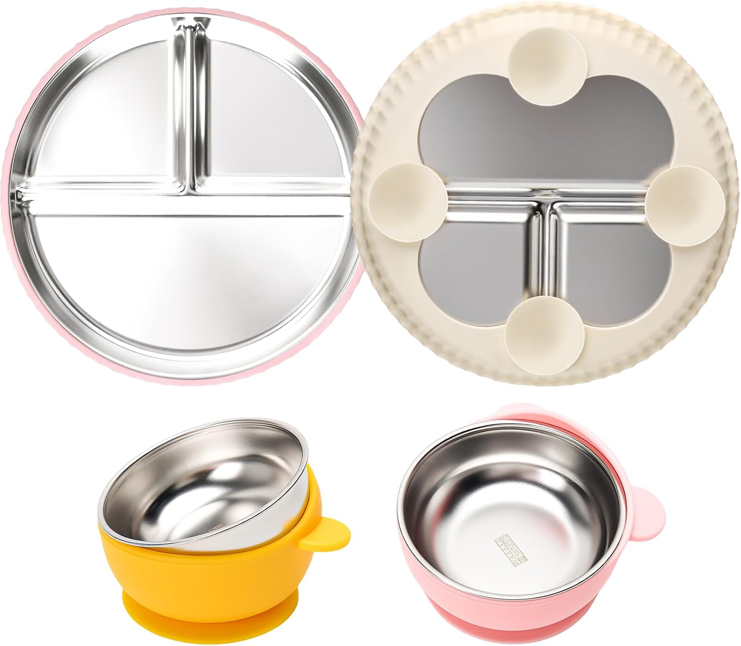 MISSLILI Stainless Steel Kids Plates and Bowls with Suction, Divided Baby Plate and Toddler Bowl with Removable Silicone Suction, Non-Slip Baby Feeding Set Dishwasher Safe, 4 Packs