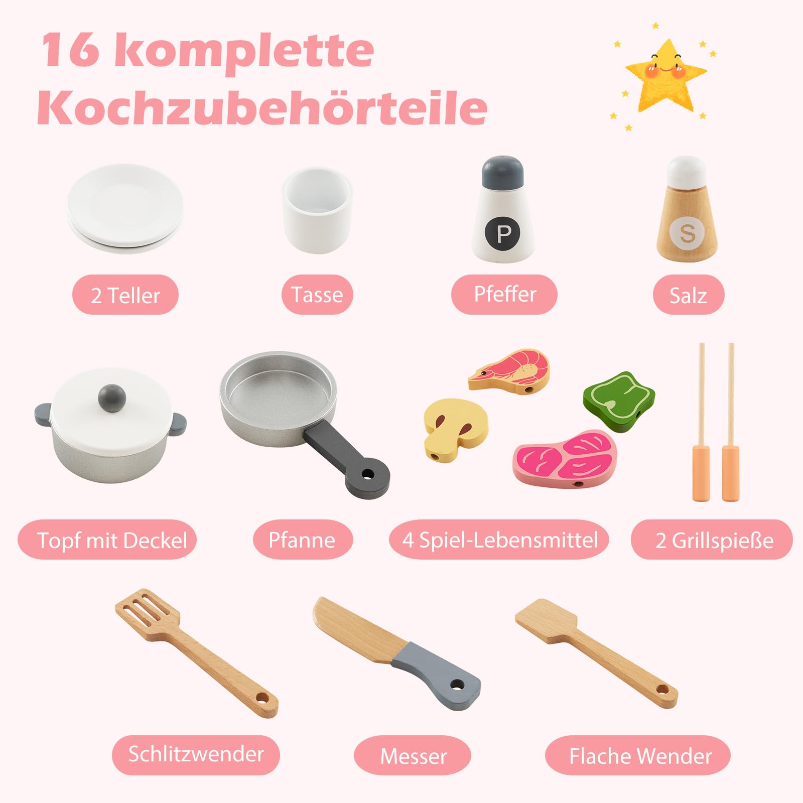 COSTWAY Kinderküche Holz, Spielküche mit Dustabzughaube, Kühlschrank, Wasserhahn & Küchenutensilien, Holzküche Spielzeugküche mit Stauraum für Kinder ab 3 Jahren
