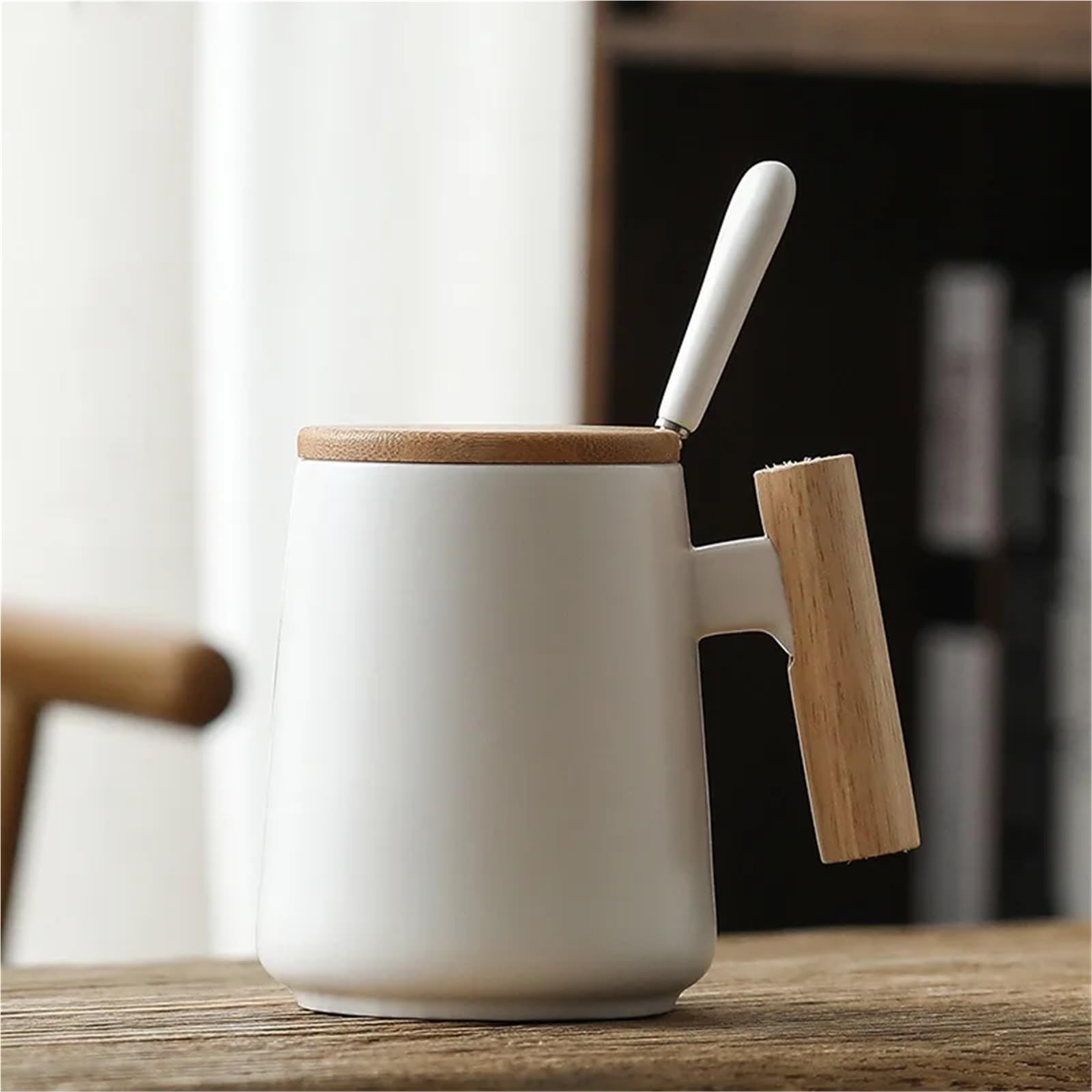 Taza de café de cerámica Vintage de 480ml con tapa, mango de madera, taza de agua Retro for oficina y hogar, 2 uds. Para Boda(Orange Green)