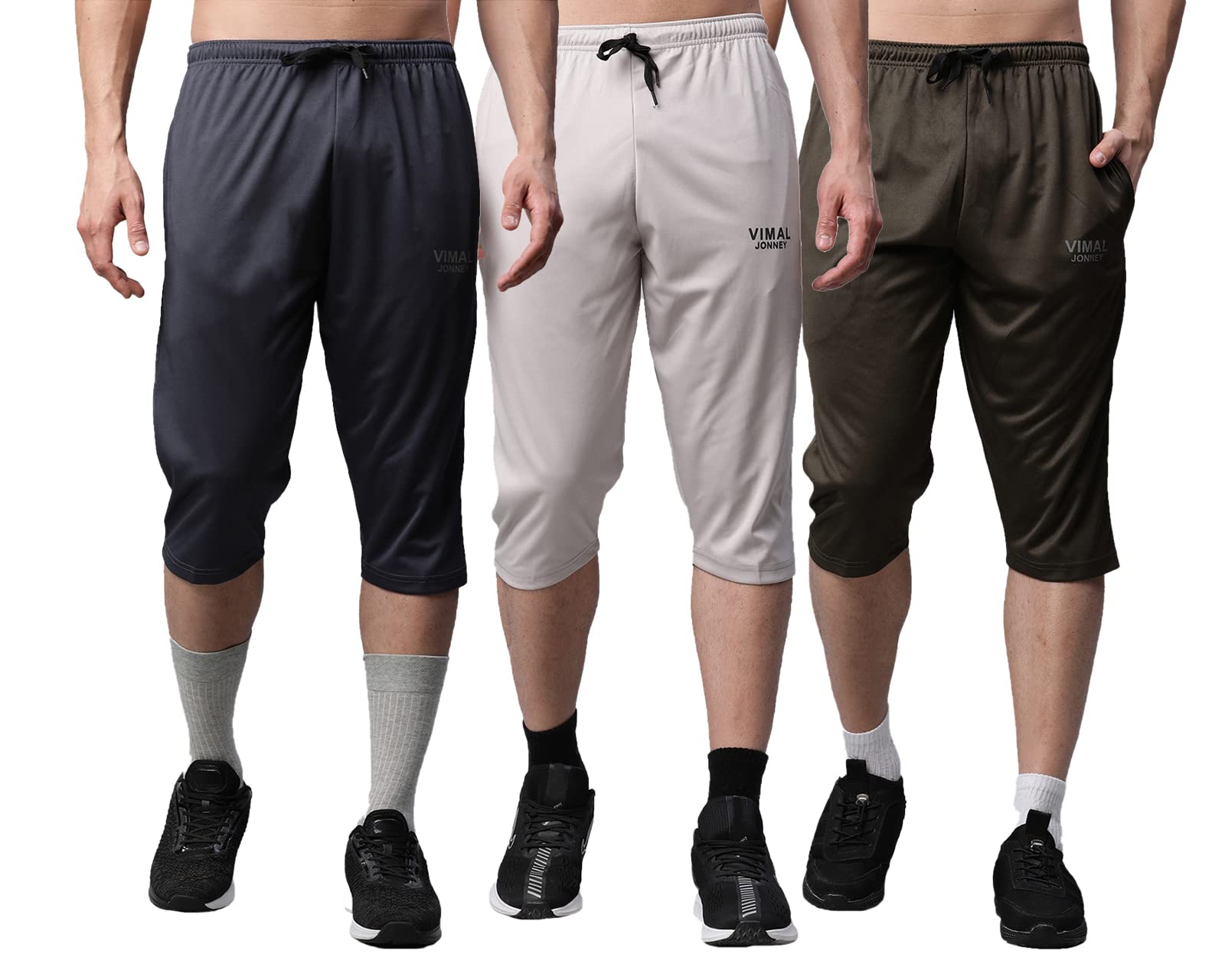 mack jonney VIMAL JONNEY Dryfit Lycra Solid Multicolor 3/4th Capri for Men (Pack of 3)-Dryfit_D13_Gry_L.Gry_OLV_03-XL-picture-17