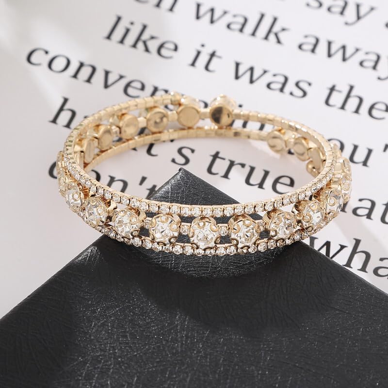 DATOA Glitter Rhinestone Imitition Pearl Stretch Bracelet Layers Stackable Bangle Bracelet Crystals Pearl Elastic Wristband for Women Wedding Jewelry - Image 2