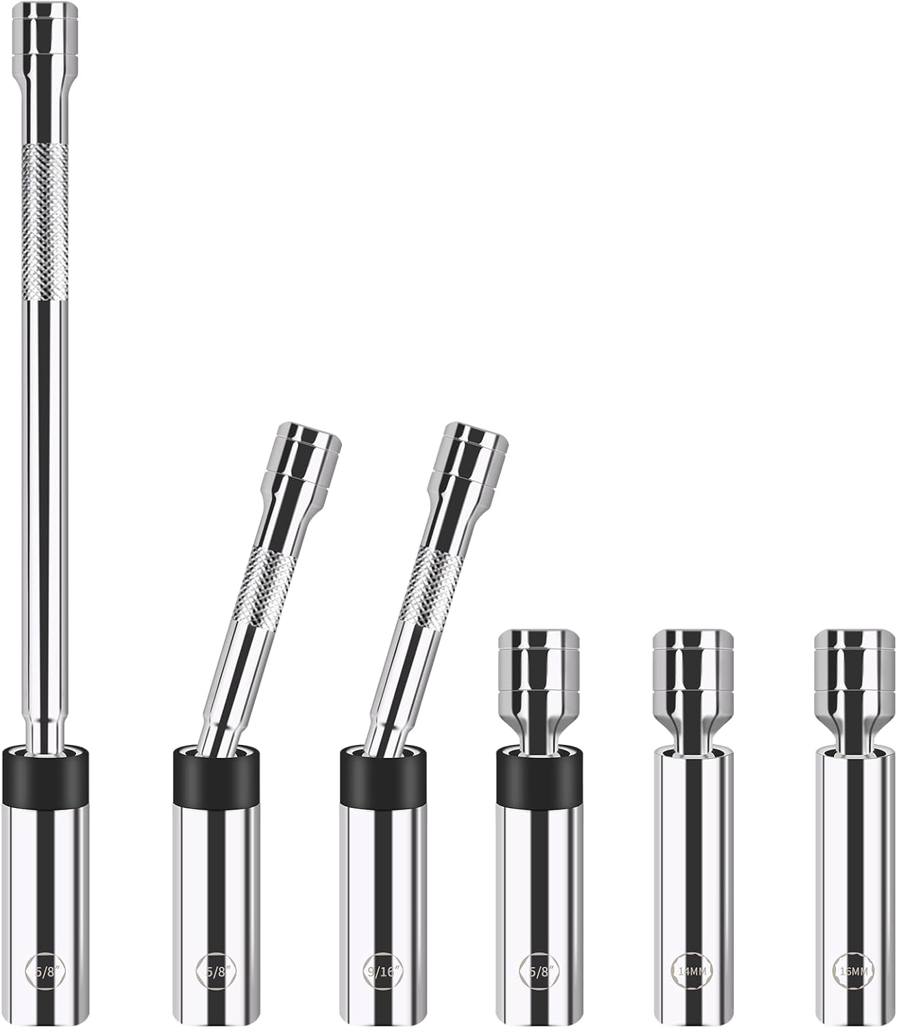 6-Piece Spark Plug Socket Set, 3/8-Inch Drive Magnetic Swivel, Thin-wall Sockets in Sizes 9/16 Inch, 5/8 Inch, 14 MM, and 16 MM for Removing and Installing Spark Plugs, Cr-V