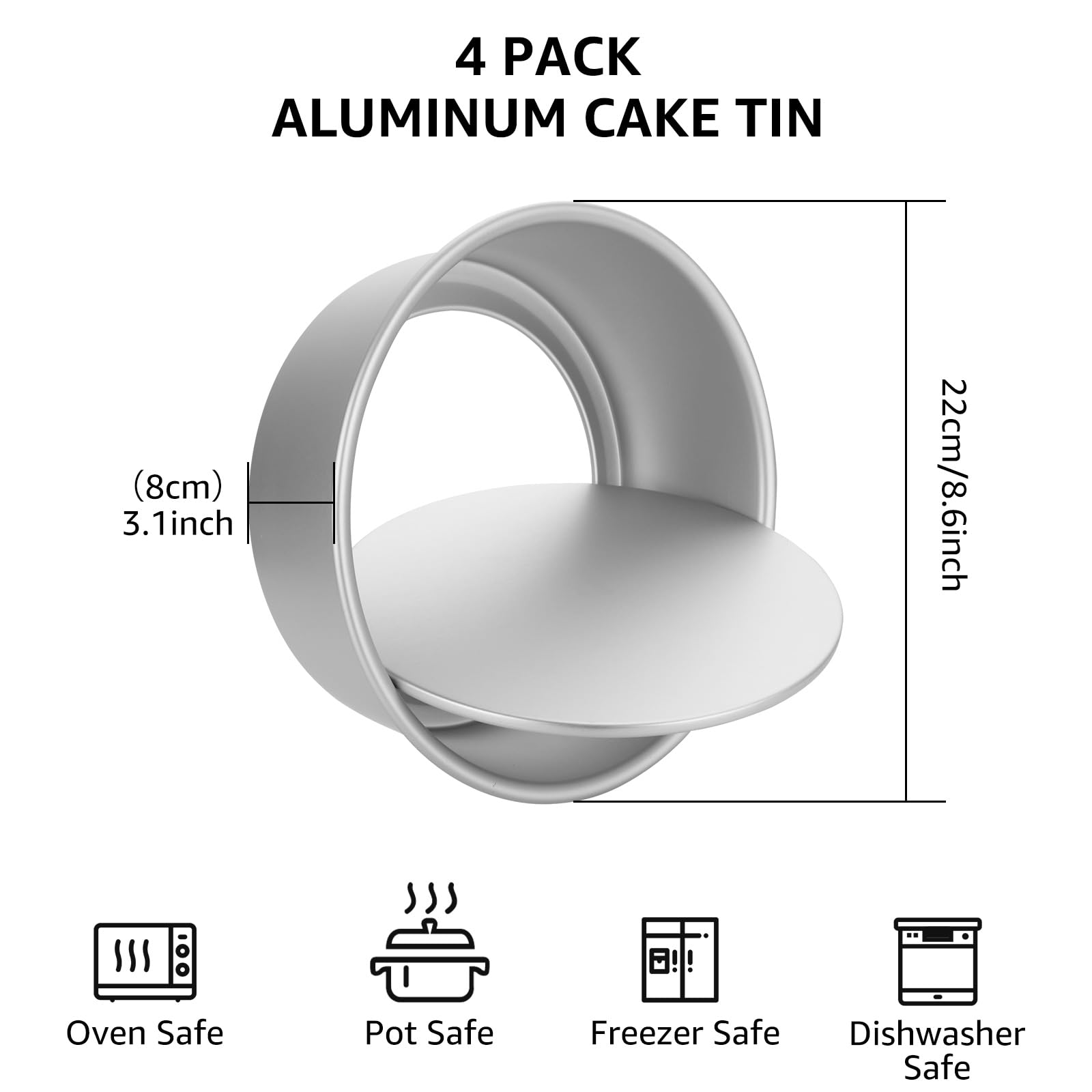 DAJAVE Lot de 4 moules à gâteau ronds de 22 cm de haut, 8 cm de haut - Moule à gâteau rond en aluminium antiadhésif et 20,3 cm - Argenté