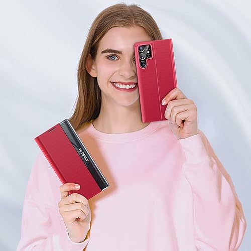 Miniatura 6 de Funda para Samsung Galaxy S22 Ultra 5G, ventana transparente delgada para Samsung S22 Ultra, espejo de lujo, PC duro, soporte de cuero, a prueba