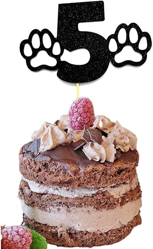 Decoración para pastel de 5 cumpleaños con purpurina negra para perro, decoración para pastel de cumpleaños de 5 años, decoración de cumpleaños de