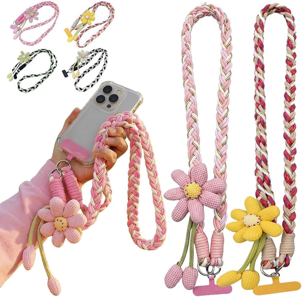 Cute Floral Phone Crossbody Lanyard – Hands-Free & Stylish,Flower Braided Crossbody Strap with T-Clip for Travel
