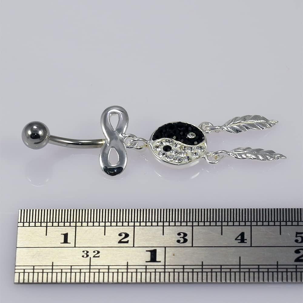 Multi Crystal Gemstone Colorful Infinity Yin Yang and Dreamcatcher Dangling Design 925 Sterling Silver with G23 Grade Titanium Belly Ring - Belly Button jewelry - Navel jewelry