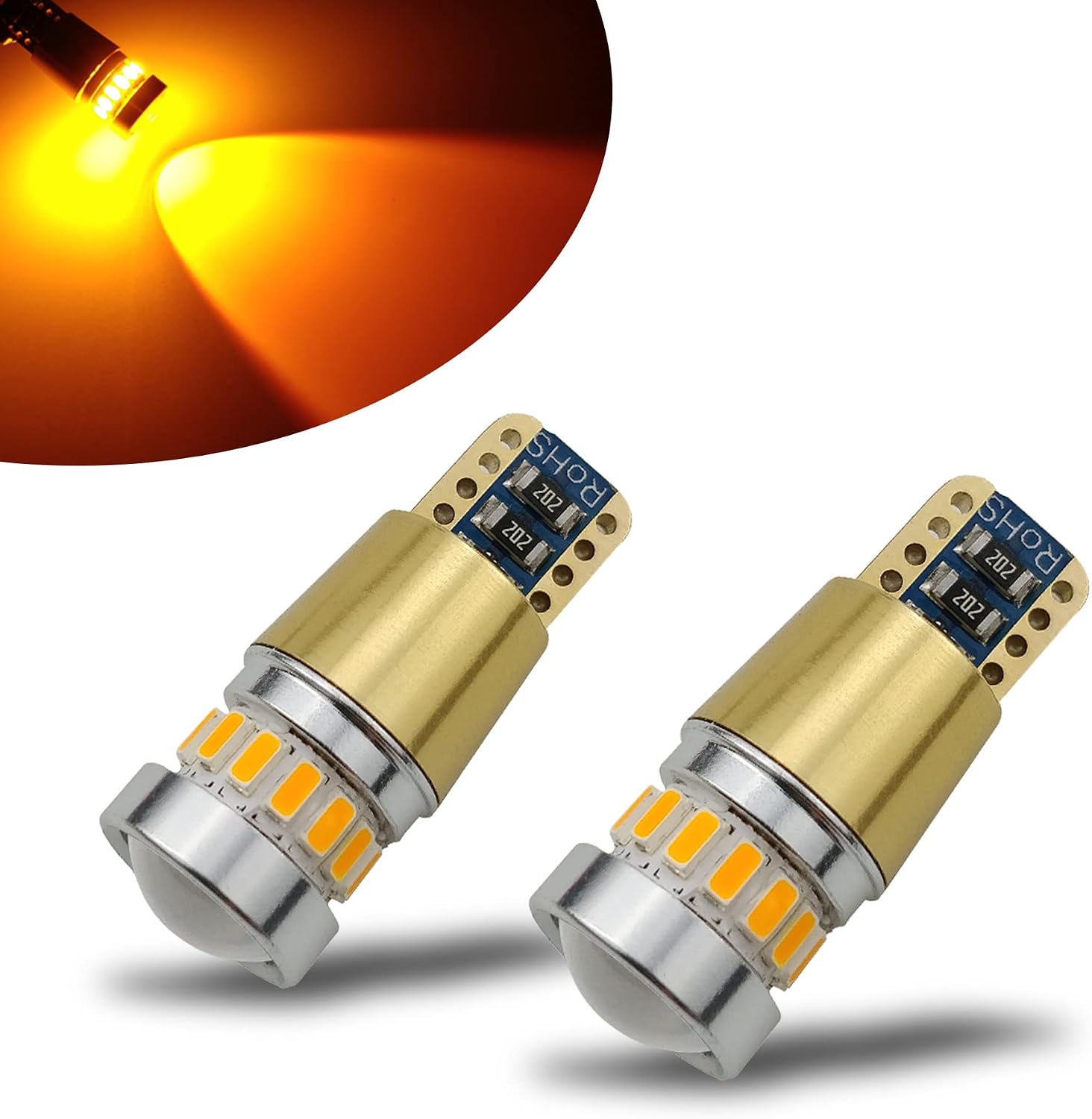 KISLED Newest 12-24V Super Bright 194 912 921 168 175 2825 W5W T10 LED Bulbs with Projectors for Side Marker Cargo High Mount 3rd Brake Lights, Amber Yellow