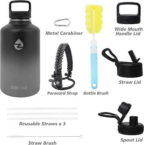 Vista 37 de ZAKVOP - Botella de agua aislada de 64 onzas con pajitas y 3 tapas, botella de agua de medio galón de acero inoxidable de doble pared, jarra de agua