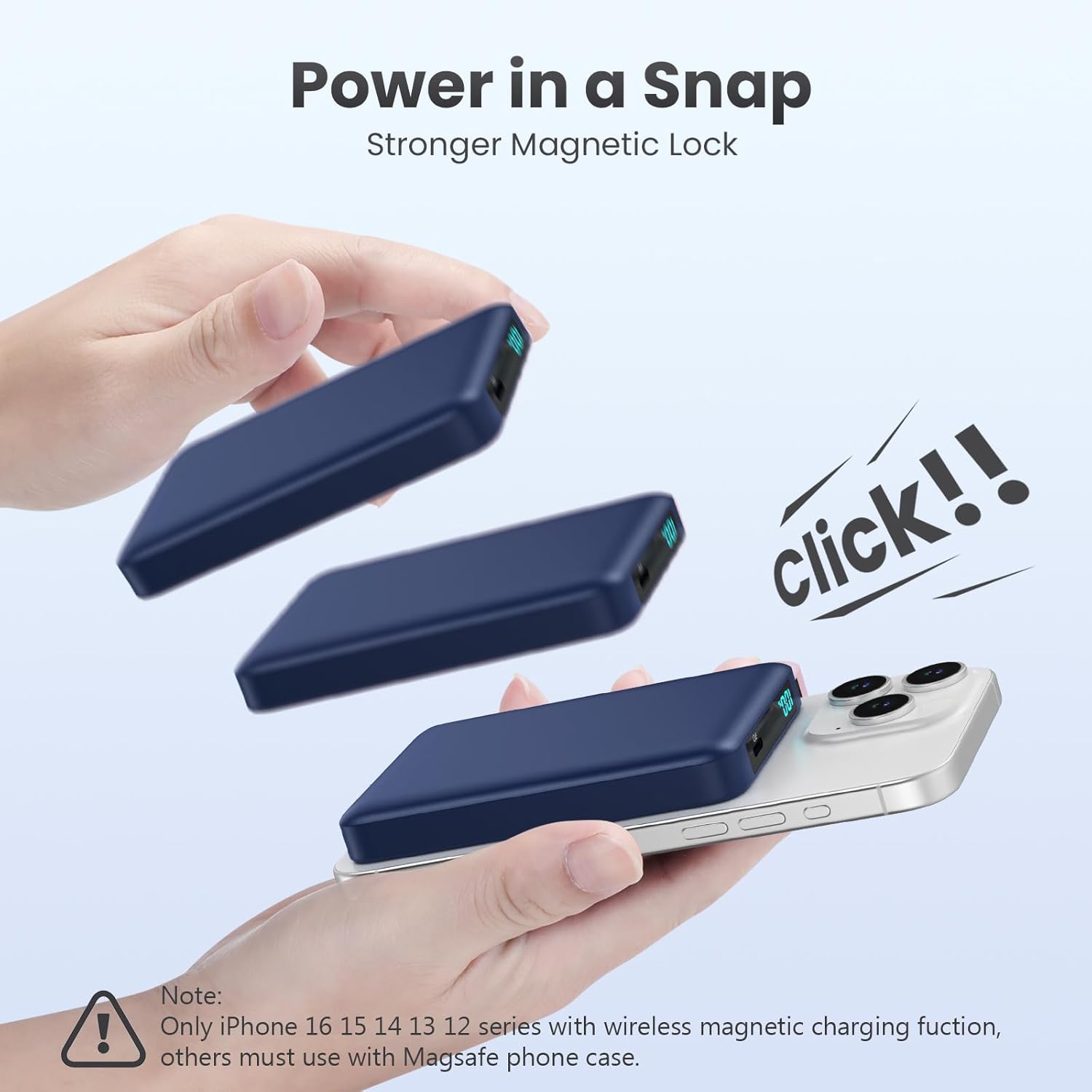 HETP Power Bank magnetically snapping onto an iPhone, illustrating the strong magnetic lock.