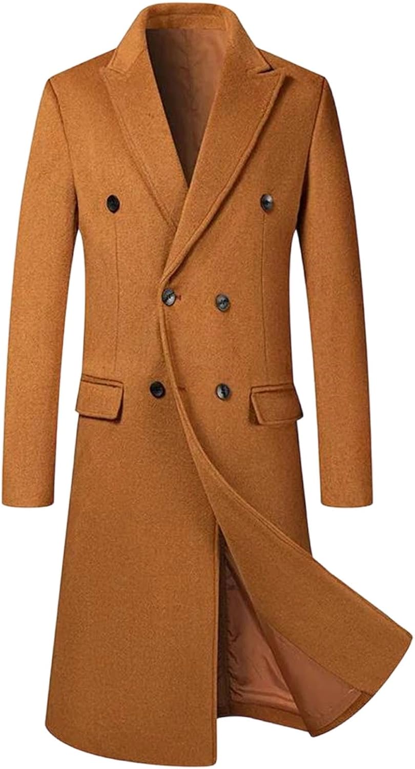 Men's Extra Long Double Breasted Wool Blend Trench Coat Thick Warm Overcoat Business Casual Winter Jacket