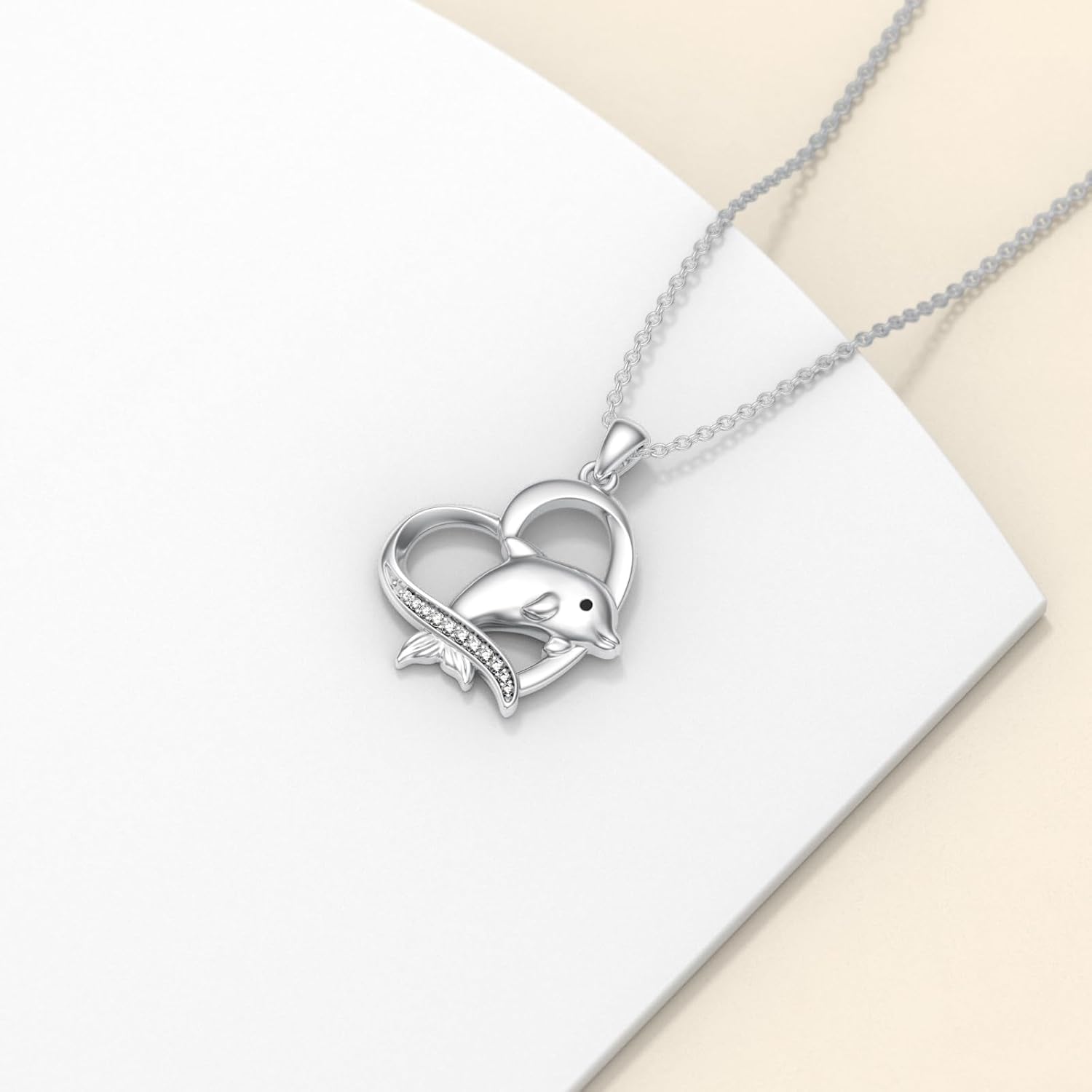 Diamond Dolphin Necklace for Women 925 Sterling Silver Dolphin Heart Pendant Necklace Fine Ocean Jewelry Gifts for Her - Image 5