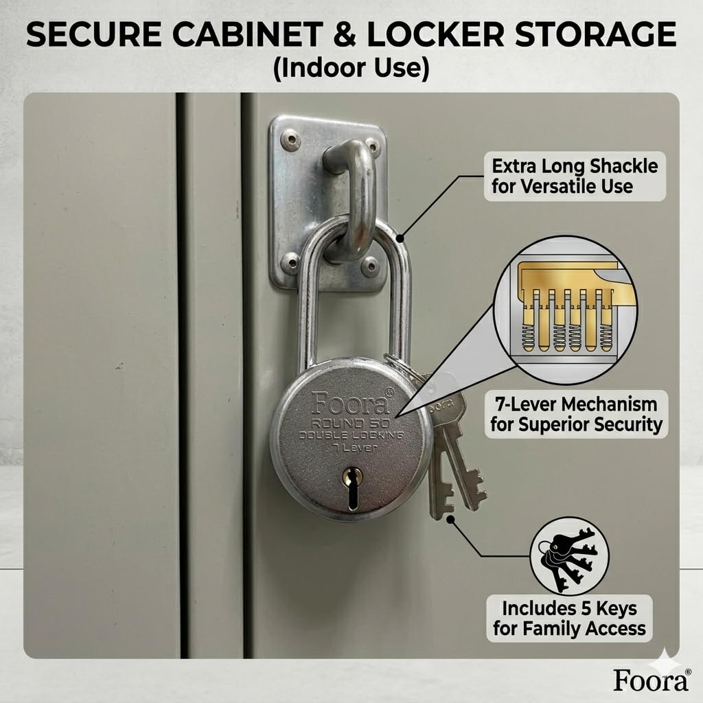 Foora Small Lock and Keys, Round 50mm Long Neck Shackle Padlock, Double Locking 7 Lever, Door Lock for Home, Gate Lock, Shutter Lock, with 5 Keys 1