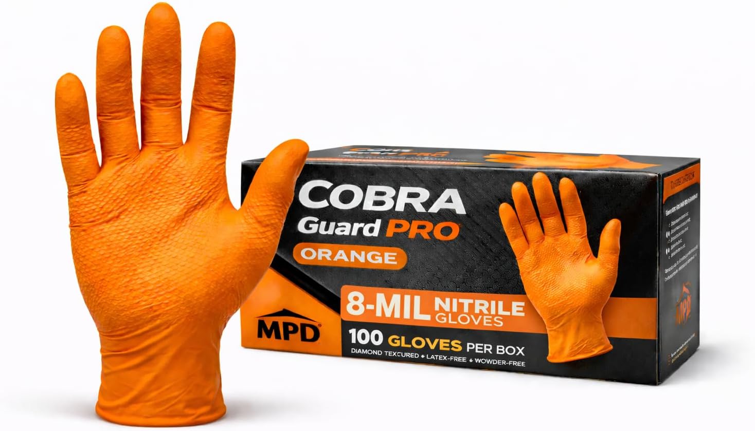 MPD Cobra Guard PRO Orange 8-Mil Nitrile Gloves, Diamond Textured Torque Grip, Heavy-Duty Disposable Work Gloves