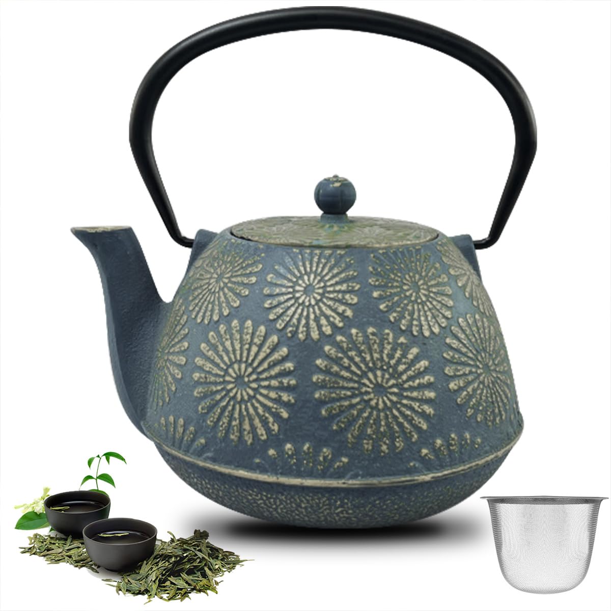 Cast Iron Tea Kettle, 1.25L Stovetop Teakettle Japanese Teapot with Removable Stainless Steel Infuser Coated with Enameled Interior Teapot for Loose Tea Coffee Flower Tea Coffee Pot Hot Water Kettle