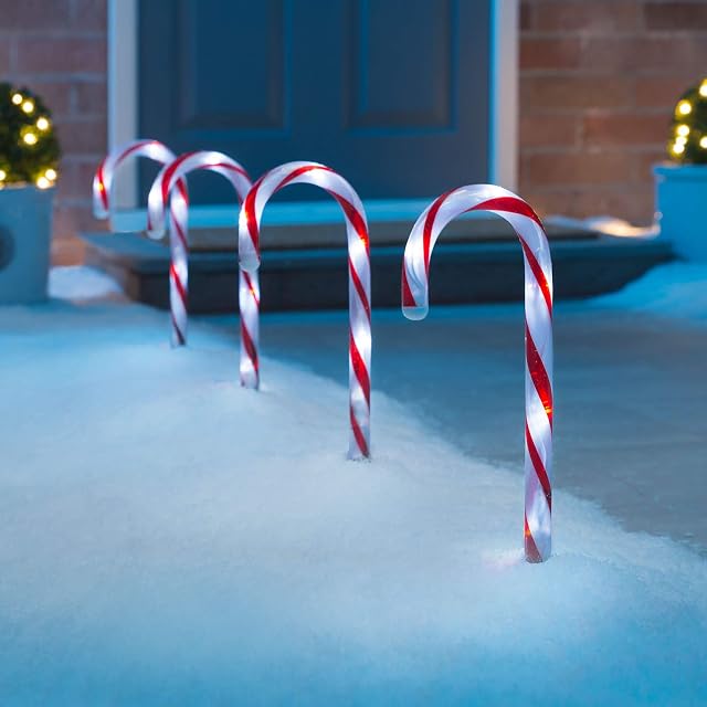 CHRISTOW Candy Cane Christmas Lights, Outdoor Path Stake Decorations, Flashing LED, Battery Operated with Timer, Set of 4 x 26cm (Red & White)