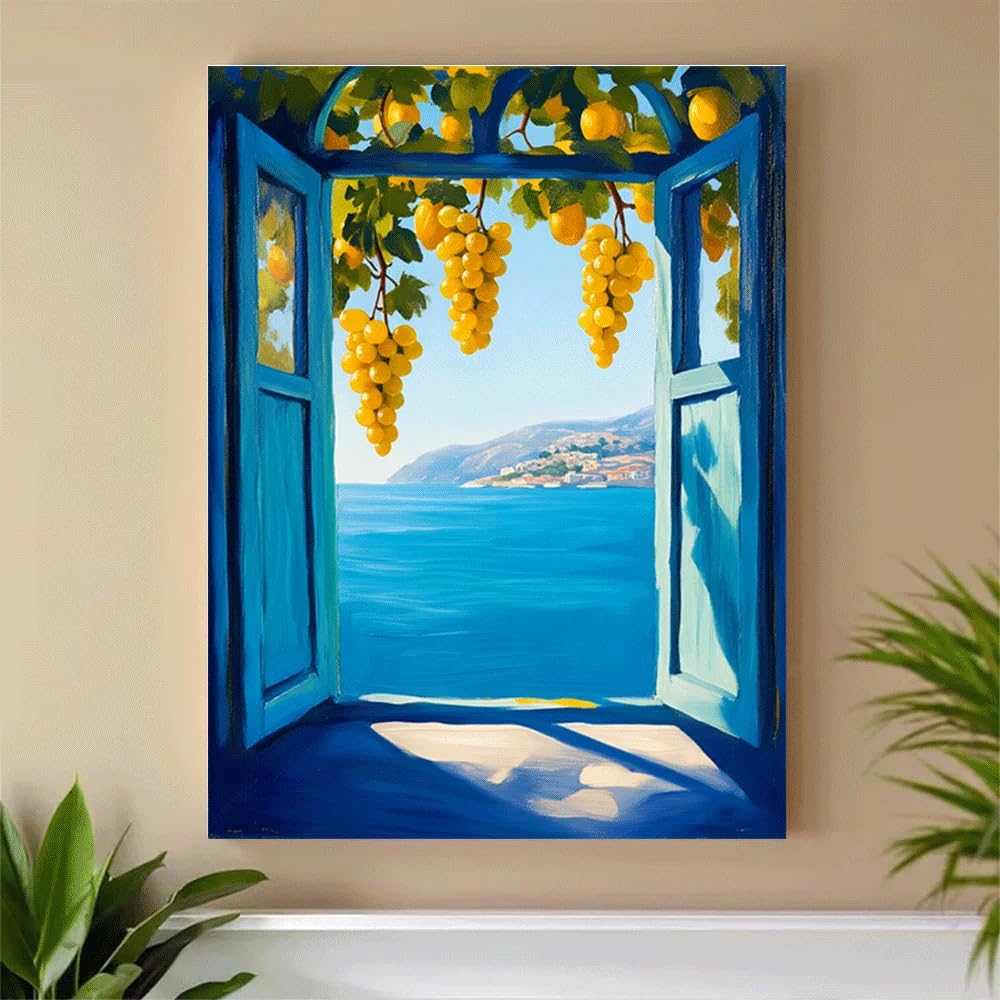 GKUVBF Affiche sur toile « Vigne et fenêtre bleue », paysage ensoleillé de la mer Méditerranée, décoration murale rustique (60 x 80 cm/cadre intérieur)