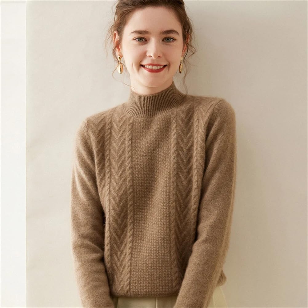 レディースカシミヤメリノウールモックネックセーターソリッド長袖プルオーバーV字型ツイストジャンパー beige L