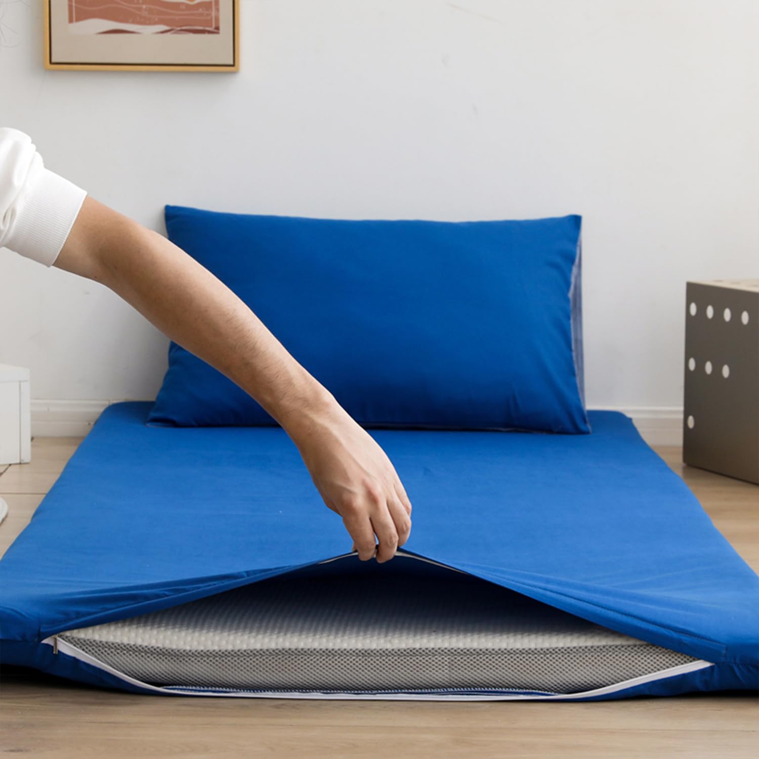 Solid Color Futon Mattress Cover,Full Size Washable Zipper Floor Mattress Cover Cotton for Dust Protection,Soft Sleeping Mat Protective Cover,Royal Blue,Twin/90x200cm