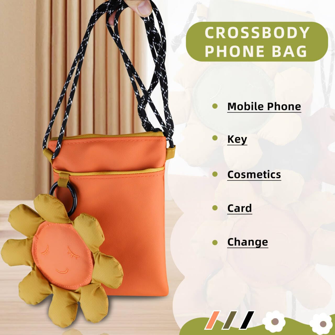 Energather Custodia per cellulare, impermeabile, piccola borsa per telefono da donna, graziosa borsa a tracolla con decorazione a girasole per feste, spiagge, shopping (arancione