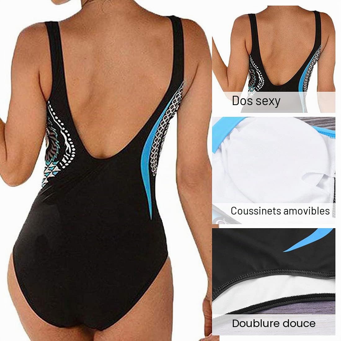 Yuson Girl Femme Elégant Maillot de Bain Vintage 1 Pièce Taille Haute Amincissant Imprimé Dos Nu Bra Push Up Rembourré Monokini Ventre Plat Straps