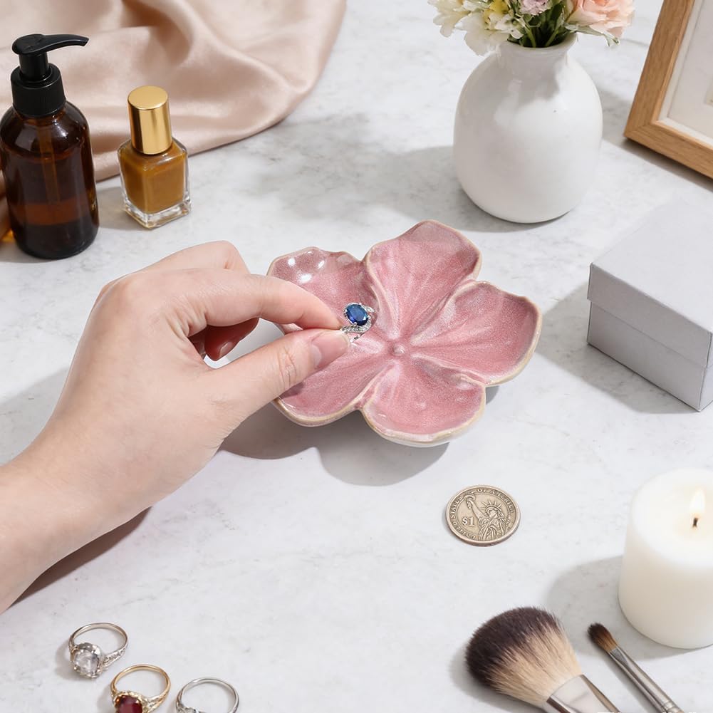 Ceramic Jewelry Dish Tray Small Trinket Tray Ring Holder | Aesthetic Nightstand Room Decor Flower Shape Elegant Jewlery Plate Bowl for Christmas Birthday Gifts for Women (Dark Salmon)