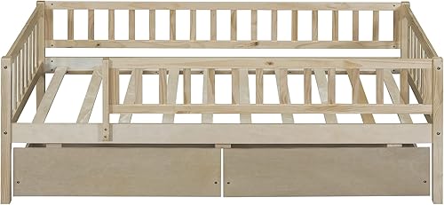 Miniatura 76 de Sofá cama matrimonial con nido de tamaño individual, marco de cama de madera para niños con valla, cama nido para niñas, niños, cama de plataforma