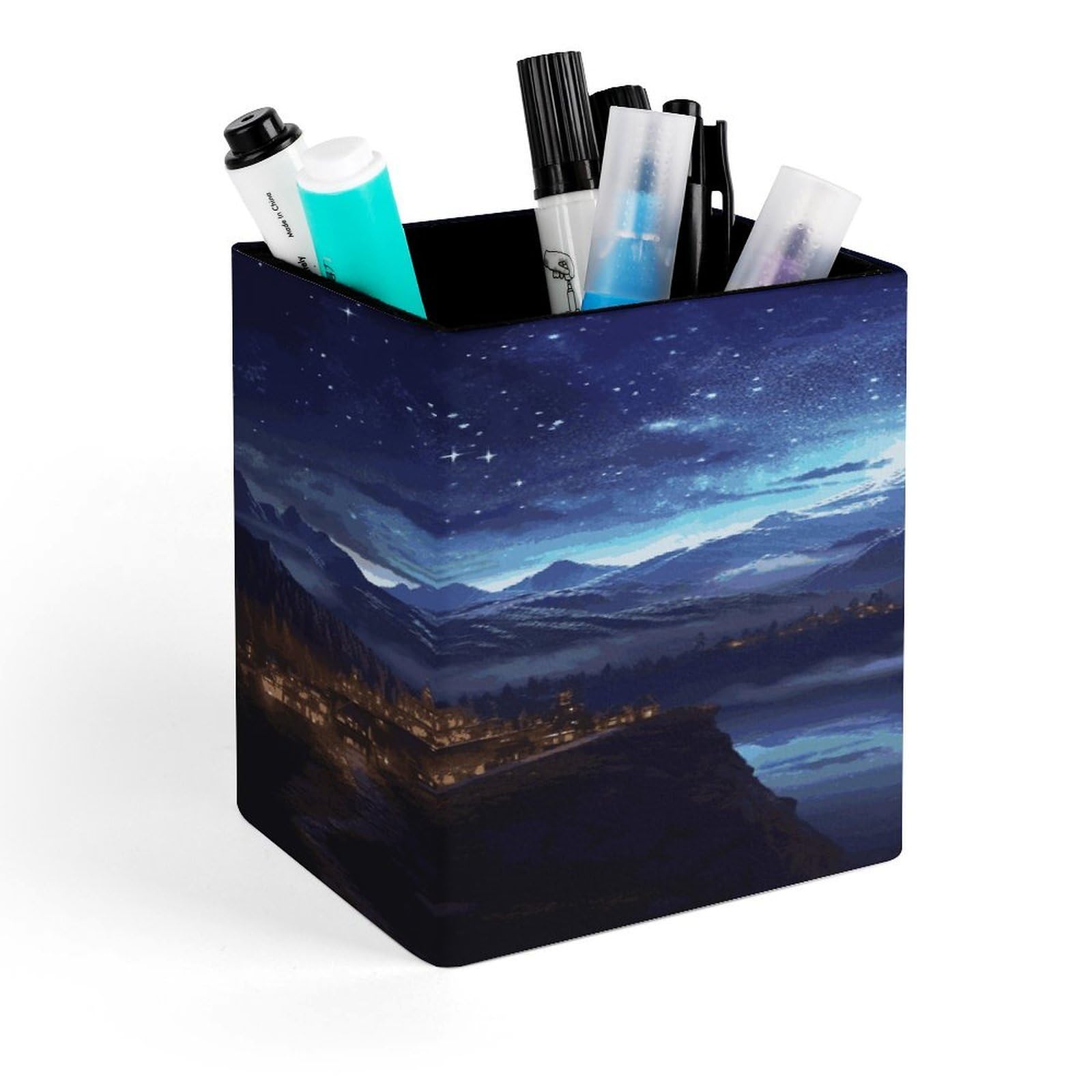 FekiLoot Fantasy Night Scene Pencil Holder for Desk Square Leather Pen Holder Cup Desktop Organizer Multi-Functional Pencil Cup Holders Modern Decorative Desk Organizer Caddy Makeup Brush Holders