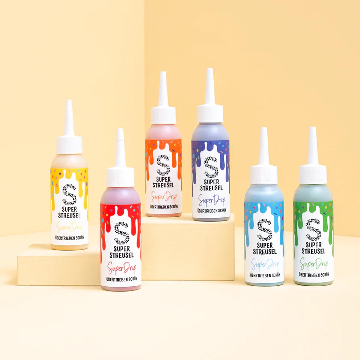 Super Streusel Super Drip RegenbogenSet 6x 130g Flaschen Vanille Schoko Geschmack Drip Glasur für Kuchen Torten