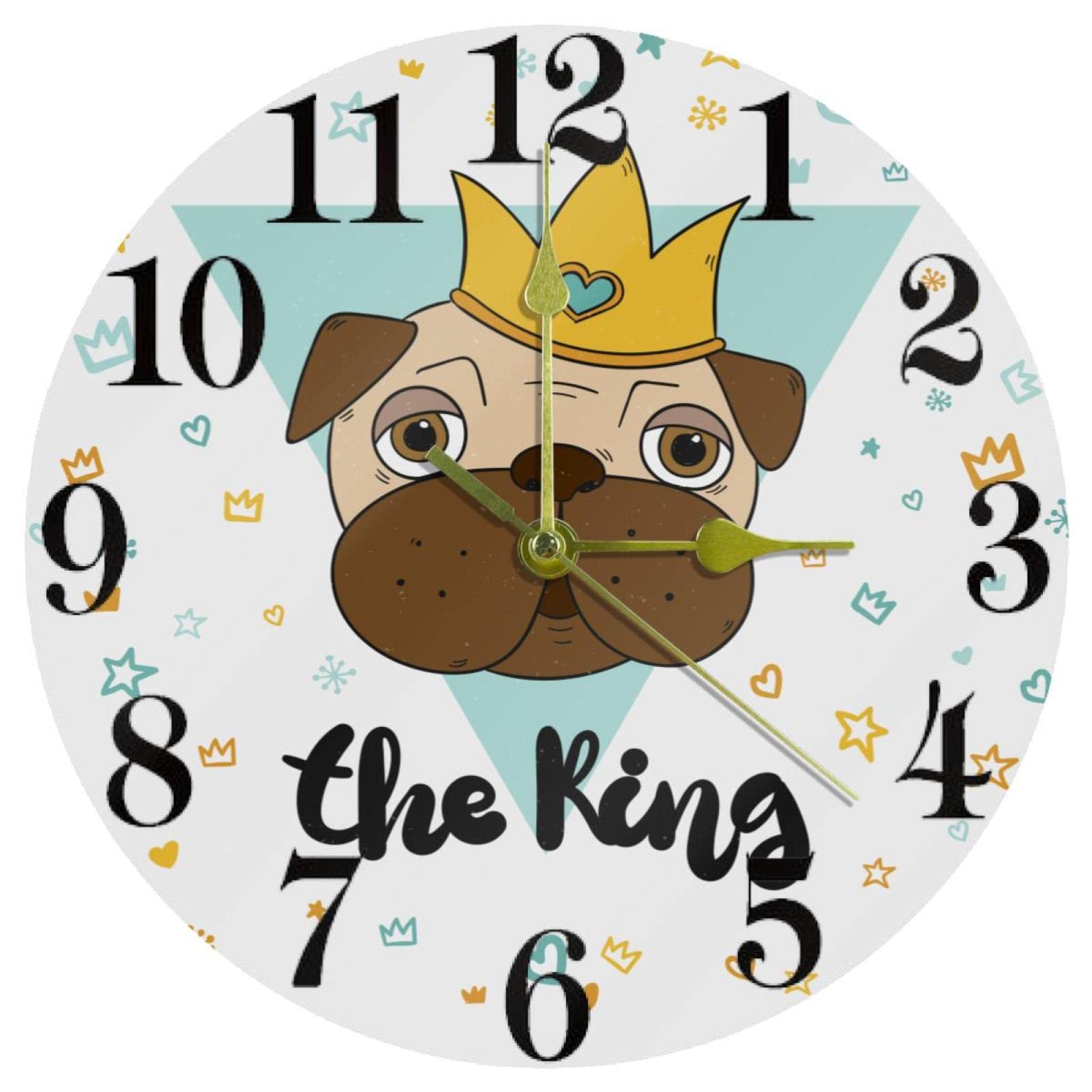 Horloge murale ronde silencieuse King Pugs : un design épuré pour décorer votre salon ou bureau sans aucun bruit.