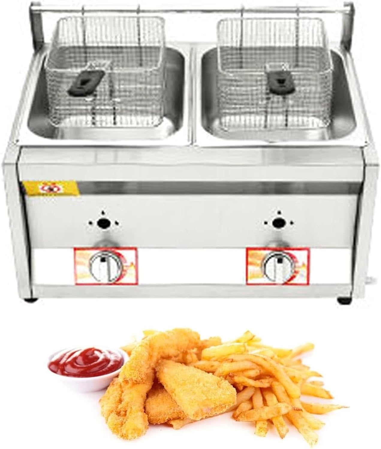 Commercial Gas Fryer, Stainless Steel Deep Fryer with Double Tanks, Independent Temperature Control, 9L Large Capacity, Removable Basket for Professional Cooking