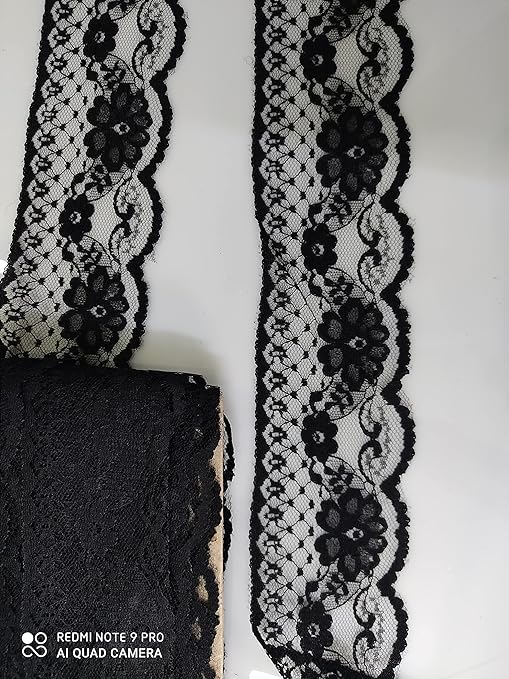 Lacesnmore Black lace net Thread self Cutwork Border, net lace for Cotton Dresses, Saree Border net, Ribbon Chicken net lace 10m (Broad Black) 1