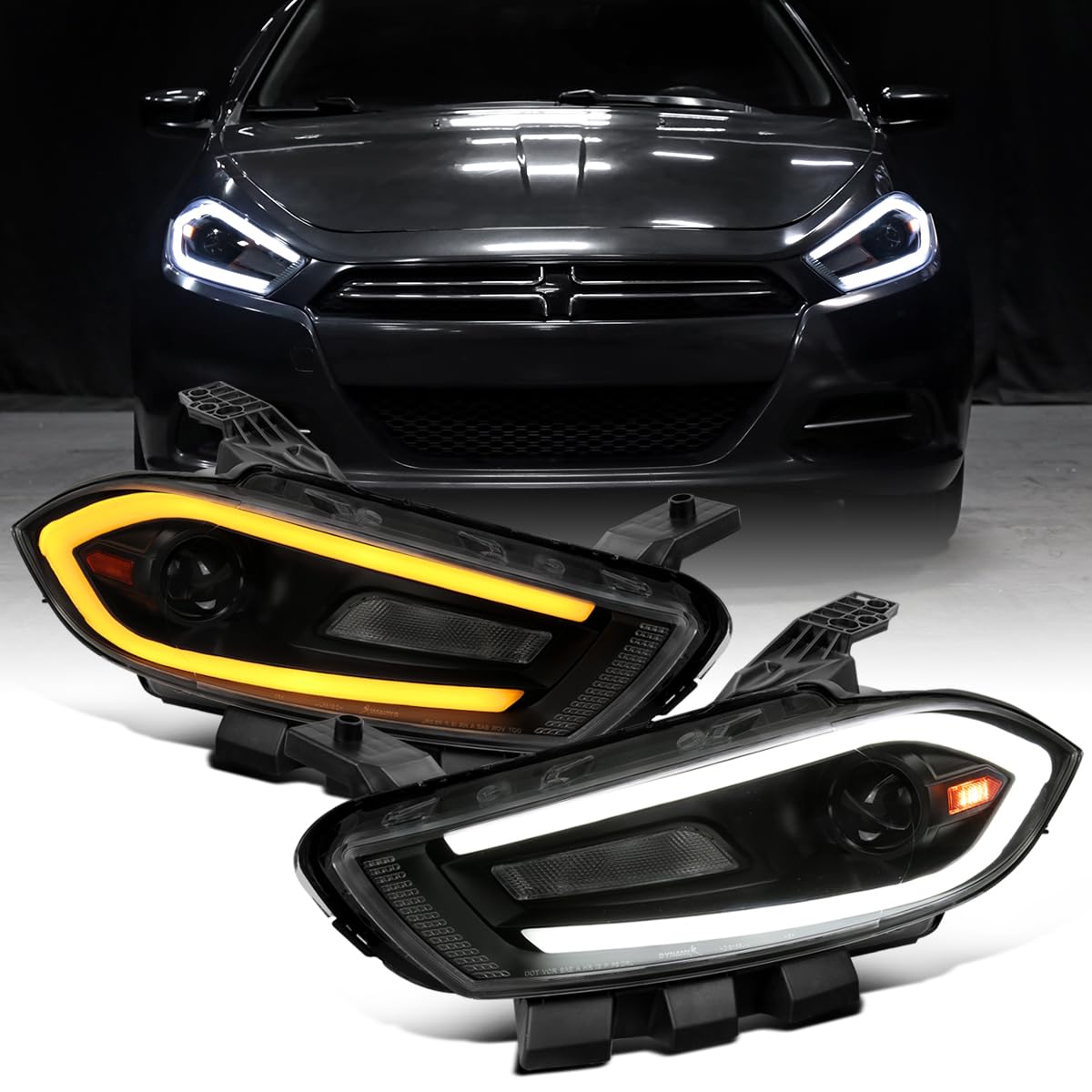 Ronnin - Fits 2013-2016 Dodge Dart Halogen Projector Headlights LED Switchback Sequential Turn Signals + Animated Startup Effect Parking Assembly Pair