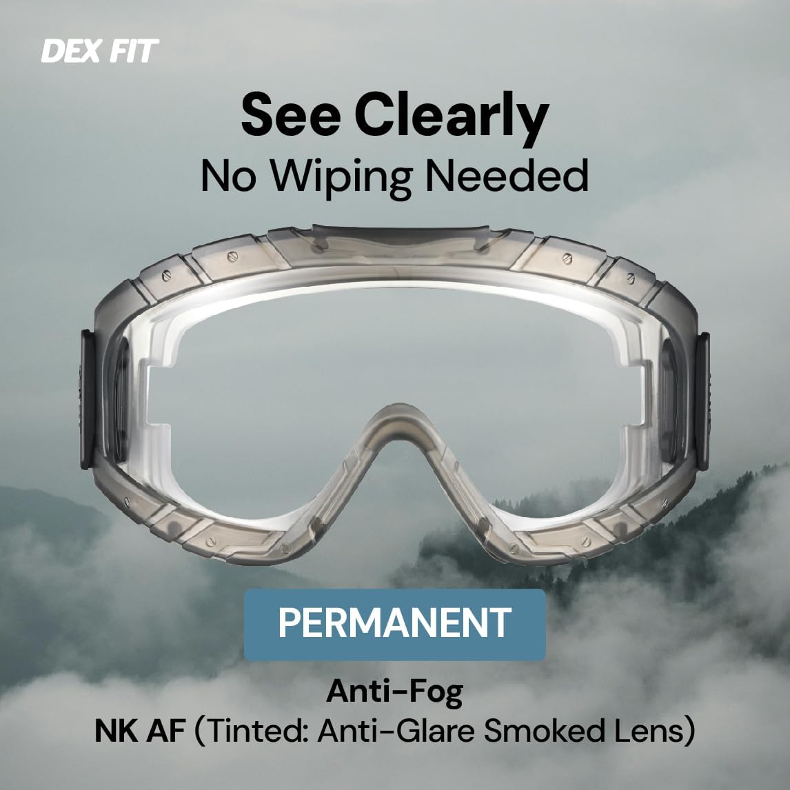 DEX FIT SG220 Plus Safety Goggles, Permanent Anti-Fog NK Coating, Scratch Resistant Z87.1 Eye Protection, Soft Seal OTG Fit for Lab & Chemical Splash; Smoke Tinted Lens, 1 PC