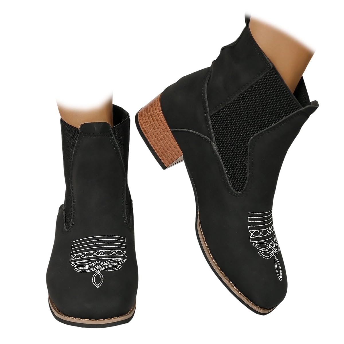 Cowboy Boots for Women Cowgirl Ankle Western Embroidered Stitched Pointed Toe Cutout Chunky Heels Short Booties Chunky Heel