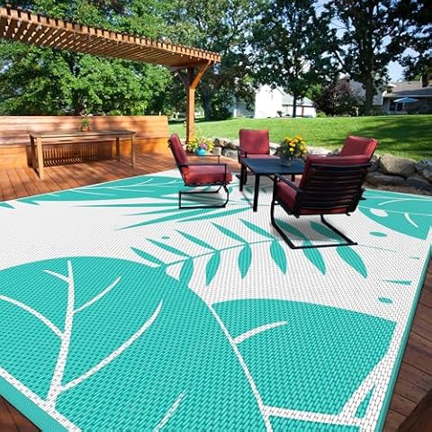 Outdoor Rug with Green Palm Leaf 8x10ft, Outdoor Plastic Straw Rug, Waterproof, Easy Cleaning, Non Shedding, Foldable and Portable, Reversible Mats for RV, Deck, Beach, Camping, Patio, Green & White Cover