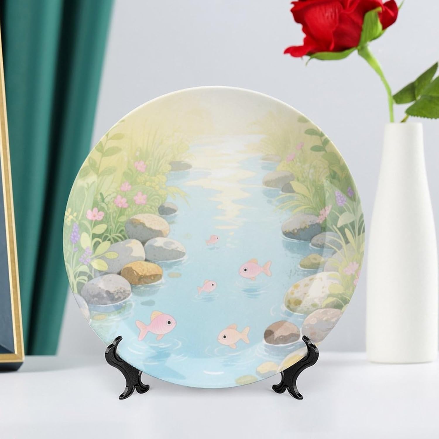 Bone China Decorative Plates Creek Pebbles Ceramic Decorative Plate Wall Decor with Display Stand Ceramic Ornaments for Wall Hanging Decoration