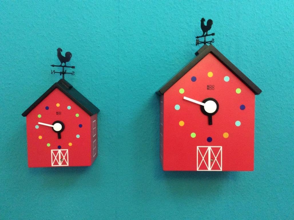 KOOKOO Red Barn Large, Farmhouse Clock with 12 Animal Sounds, a Rooster and a Rotating weathervane