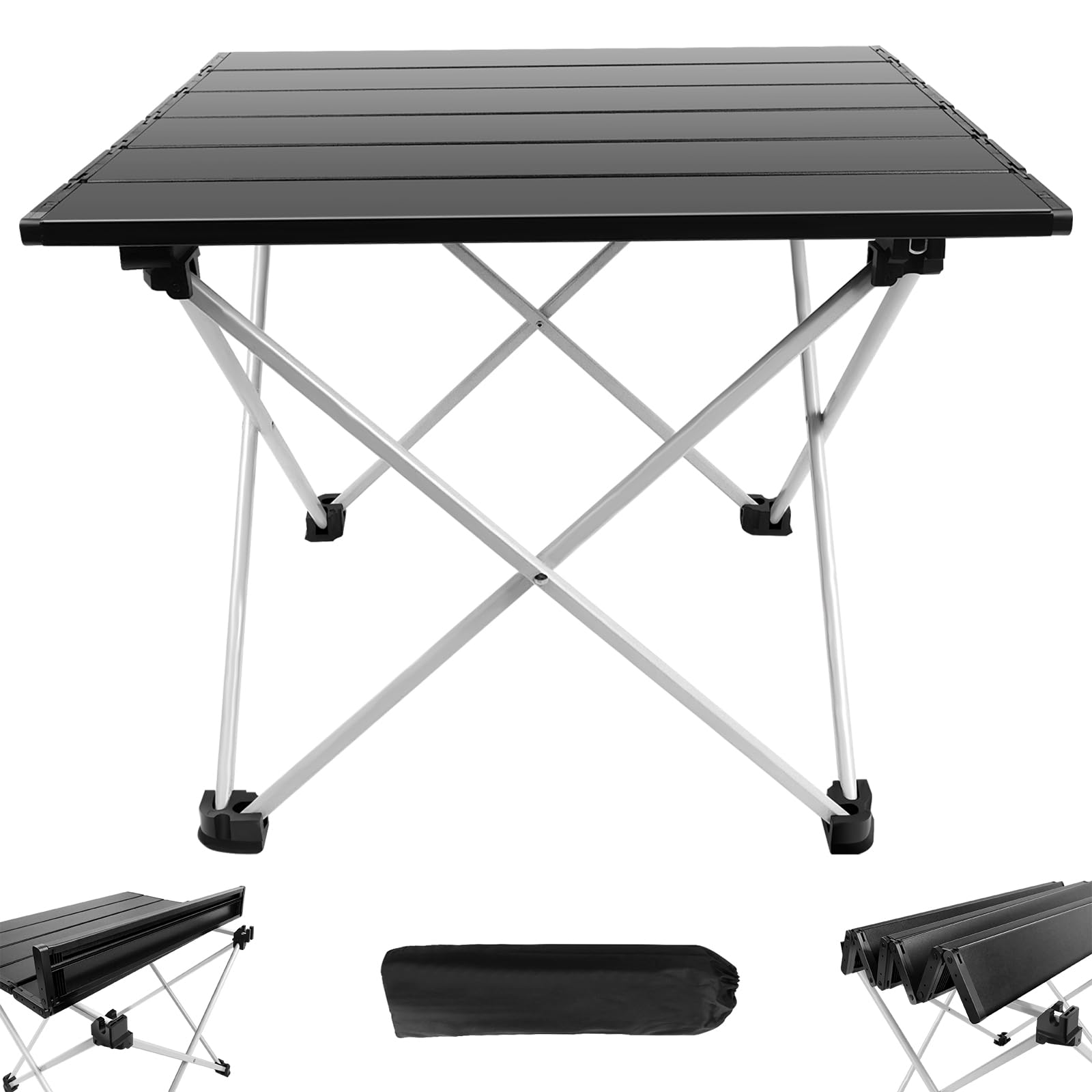 Folding Tables, Portable Camping Table, Aluminum Picnic Table with Anti-Slip Base for Stable, Camping Table with Carrying Bag, Lightweight for Picnic, BBQ, Fishing, Outdoor, Indoor (35x40x32cm, Black)