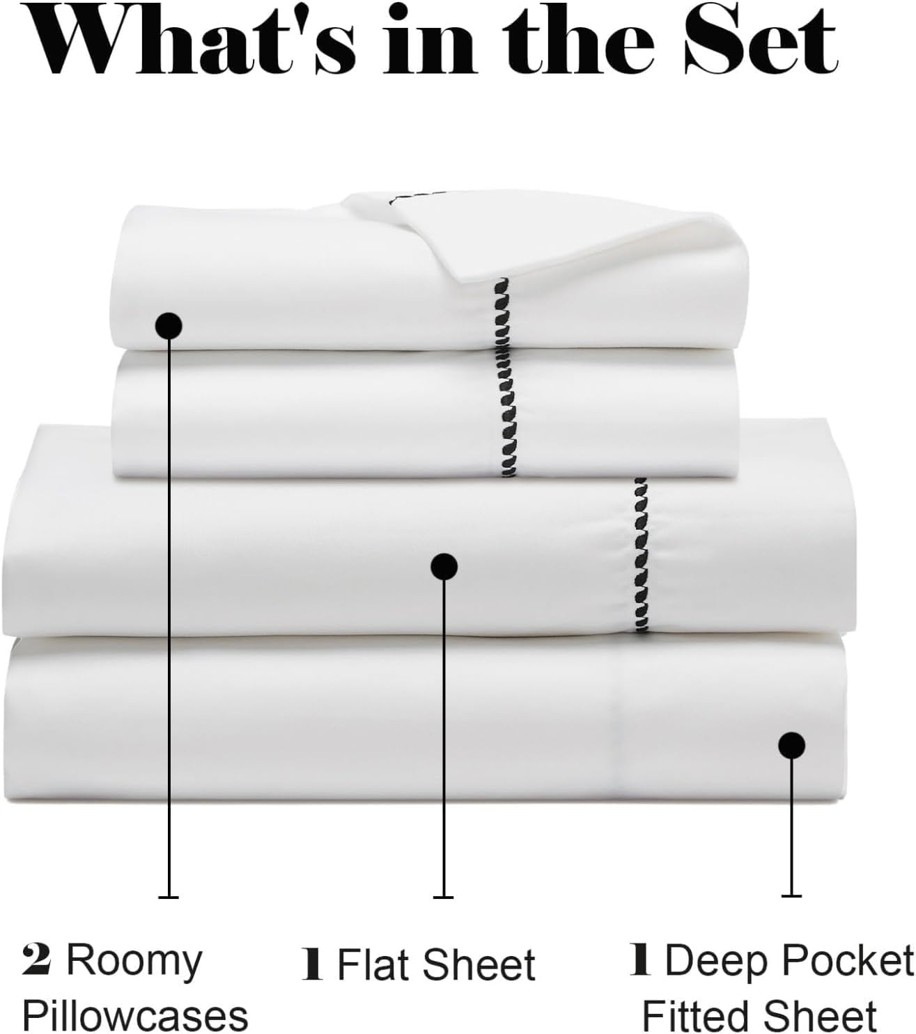 Superior Cotton Blend 600 TC Embroidered Hem Bed Sheets, Queen, White-Black image 4