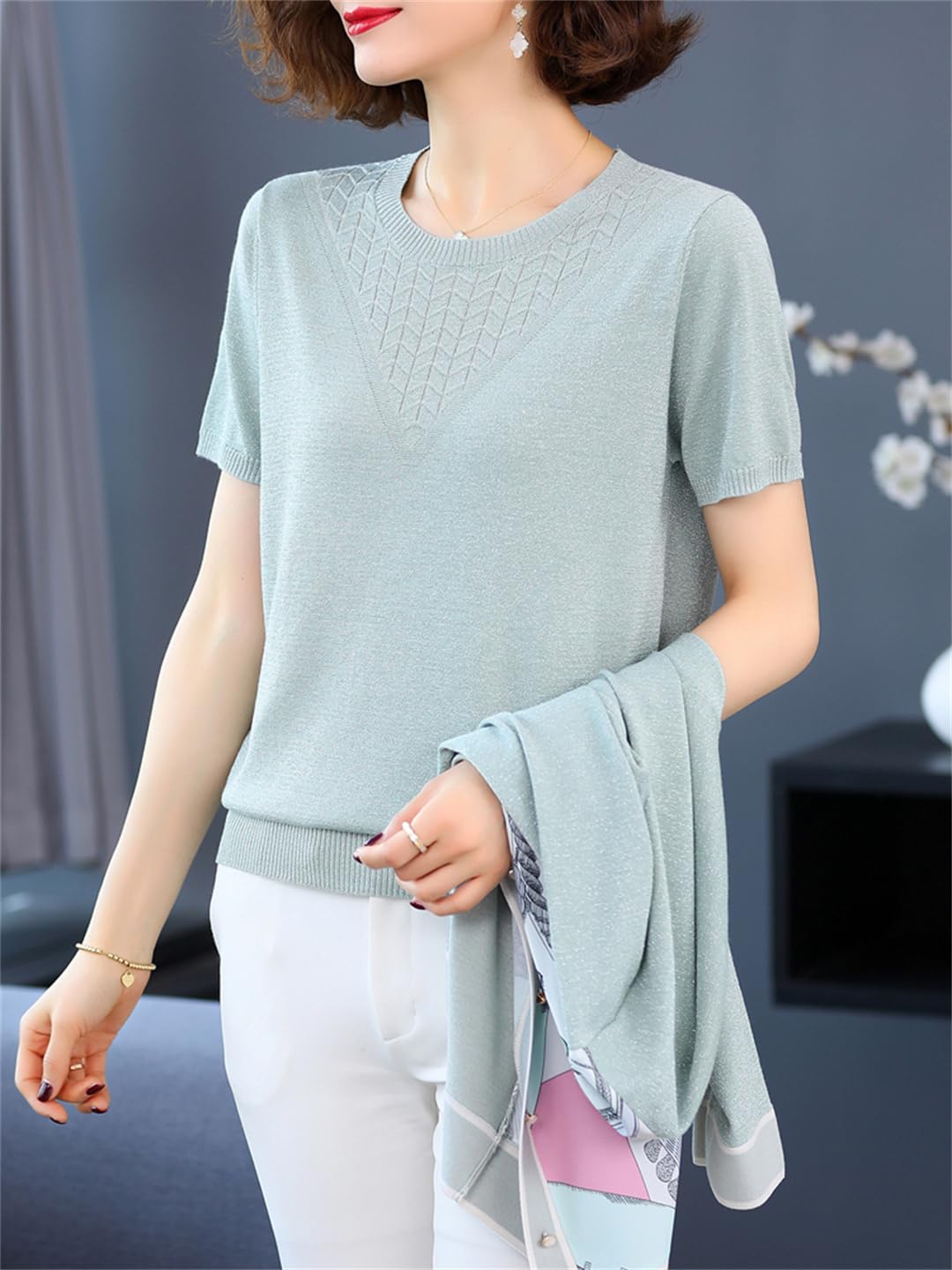 Conjunto De Chaqueta Y Camiseta De Punto De Cable Casual De Manga Larga con Botones En La Parte Delantera Abierta Y Divertido para Mujer