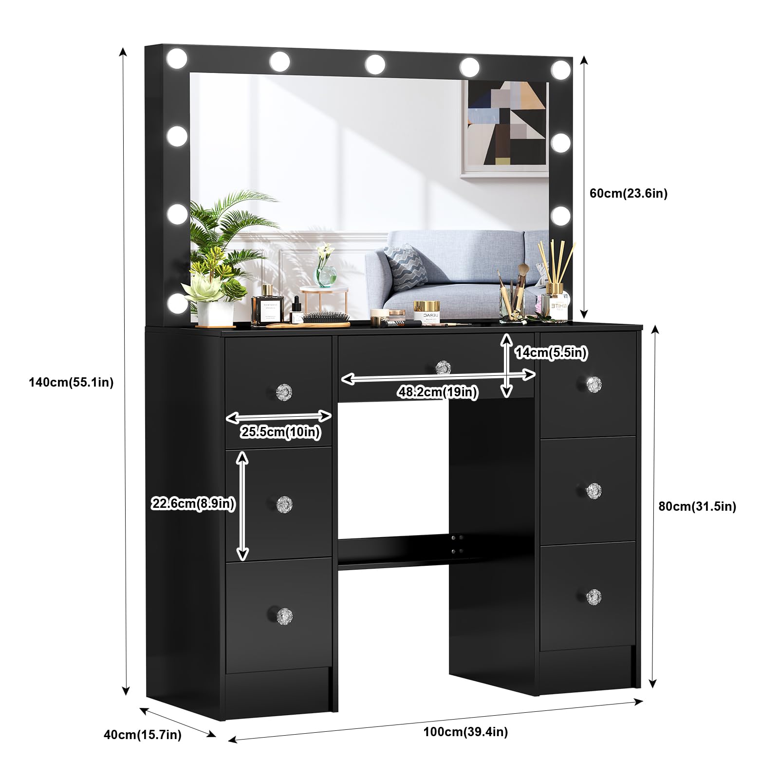 Black Makeup Vanity With Lights & Mirror - 11 LED Bulbs, 7 Drawers, Adjustable Lighting, 40x100x140 Cm Dressing Table - View #12